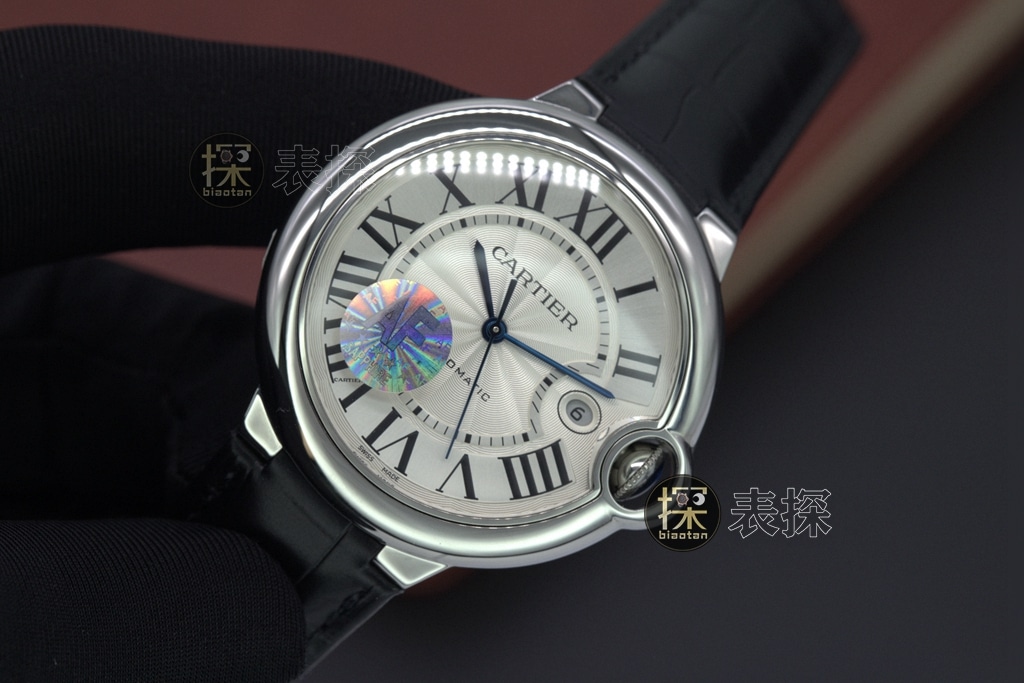 af factory blue balloon Cartier1:1replica watch white dial black leather bracelet front view