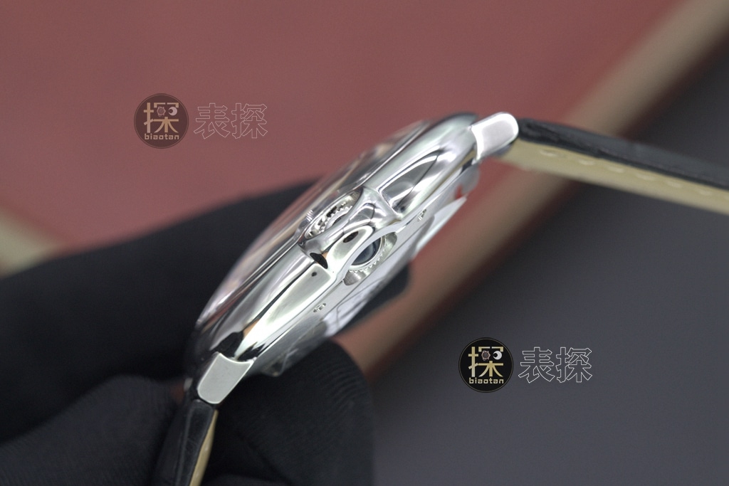 af factory blue balloon Cartier1:1replica watch white dial black leather bracelet side view