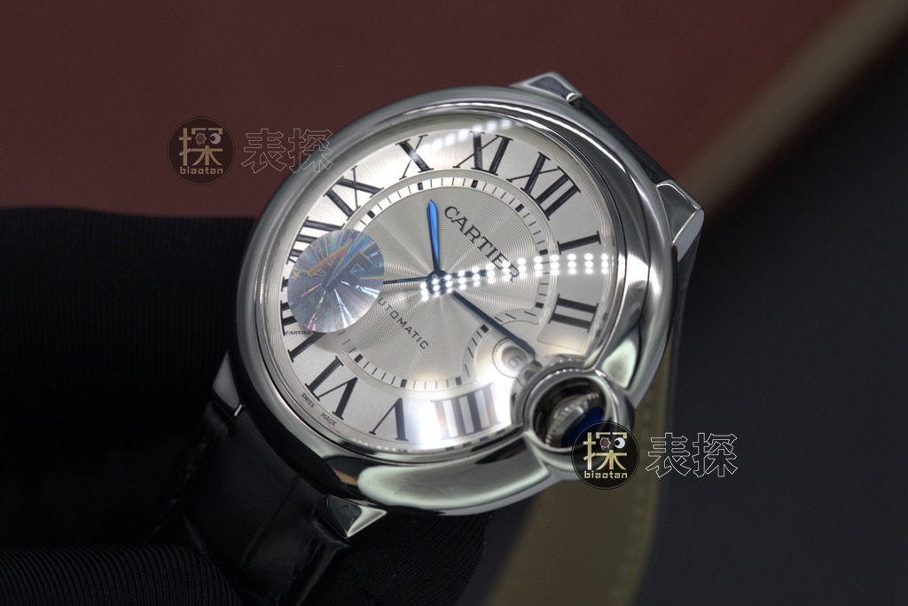 af factory blue balloon Cartier1:1replica watch white dial black leather bracelet side view
