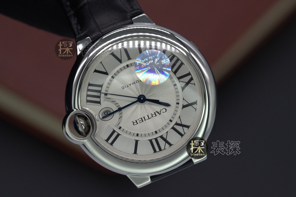 af factory blue balloon Cartier1:1replica watch white dial black leather bracelet front view