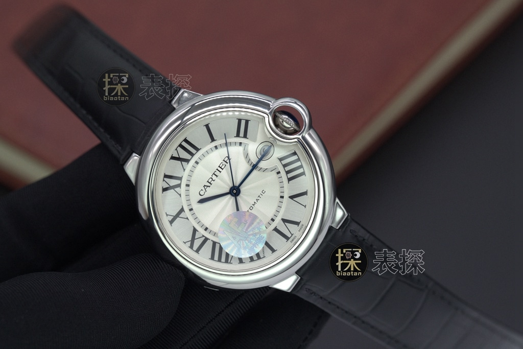 af factory blue balloon Cartier1:1replica watch white dial black leather bracelet front view