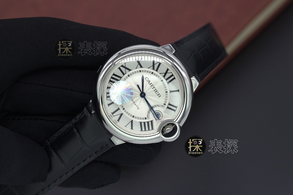 af factory blue balloon Cartier1:1replica watch white dial black leather bracelet front view