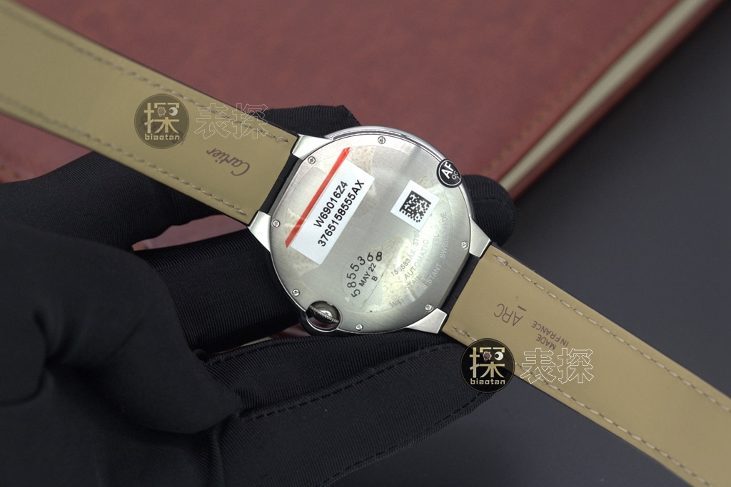 af factory blue balloon Cartier1:1replica watch white dial black leather bracelet back cover picture