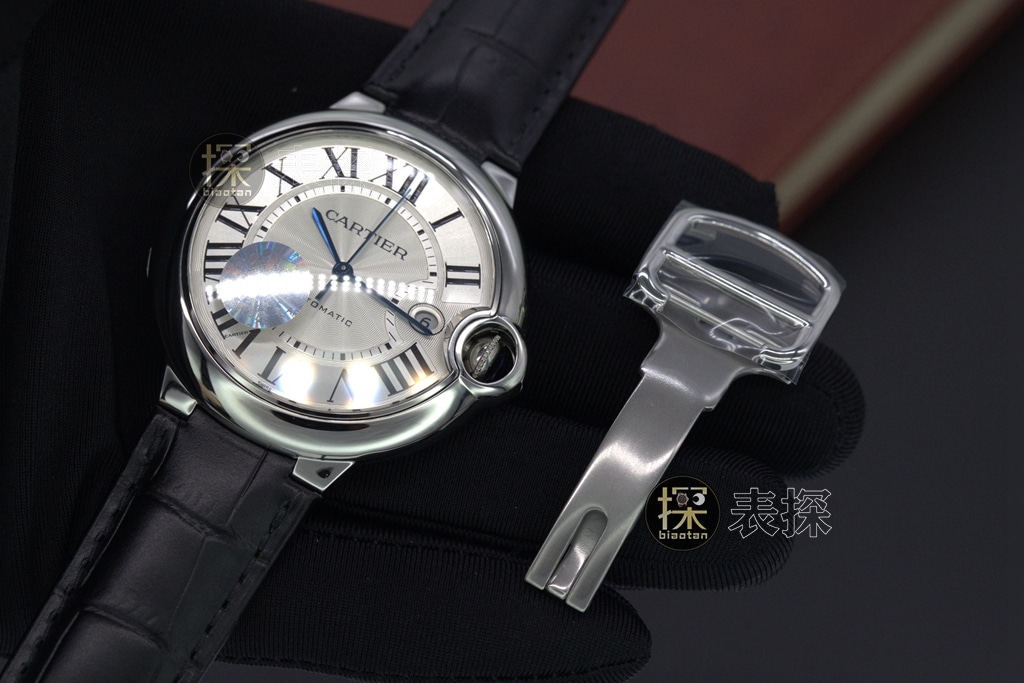 af factory blue balloon Cartier1:1replica watch white dial black leather bracelet front view