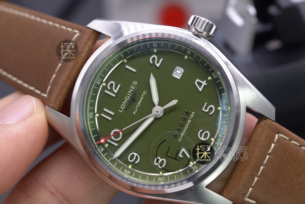 cf factory pioneer Longines 1:1replica watch green diallume brown leather bracelet front view