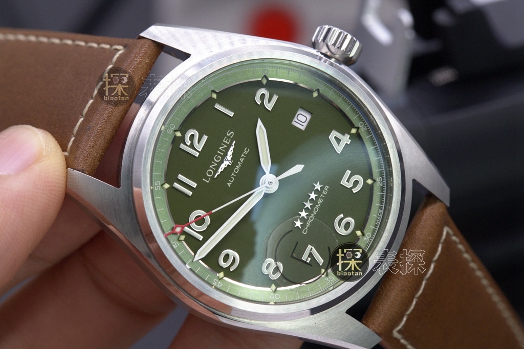 cf factory pioneer Longines 1:1replica watch green diallume brown leather bracelet front view