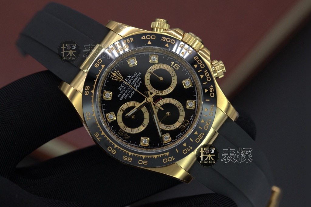 c factory DaytonaRolex1:1replica watch 18Kblack dial ring diamond chronographlume rubber leather bracelet front view