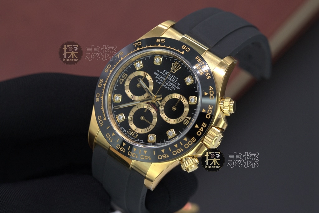 c factory DaytonaRolex1:1replica watch 18Kblack dial ring diamond chronographlume rubber leather bracelet front view