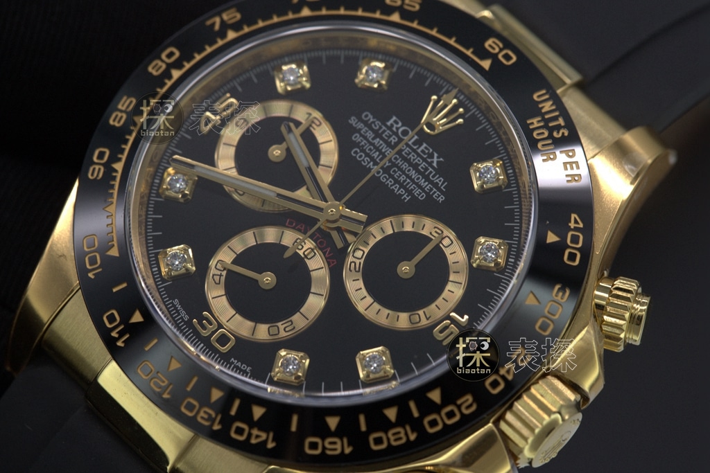 c factory DaytonaRolex1:1replica watch 18Kblack dial ring diamond chronographlume rubber leather bracelet front view