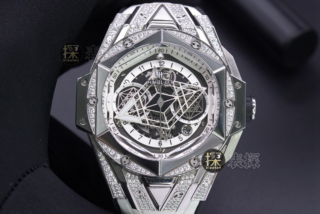 HB factory tattoo second generation Hublot1:1replica watch full diamond chronographblack dial white rubber bracelet front view