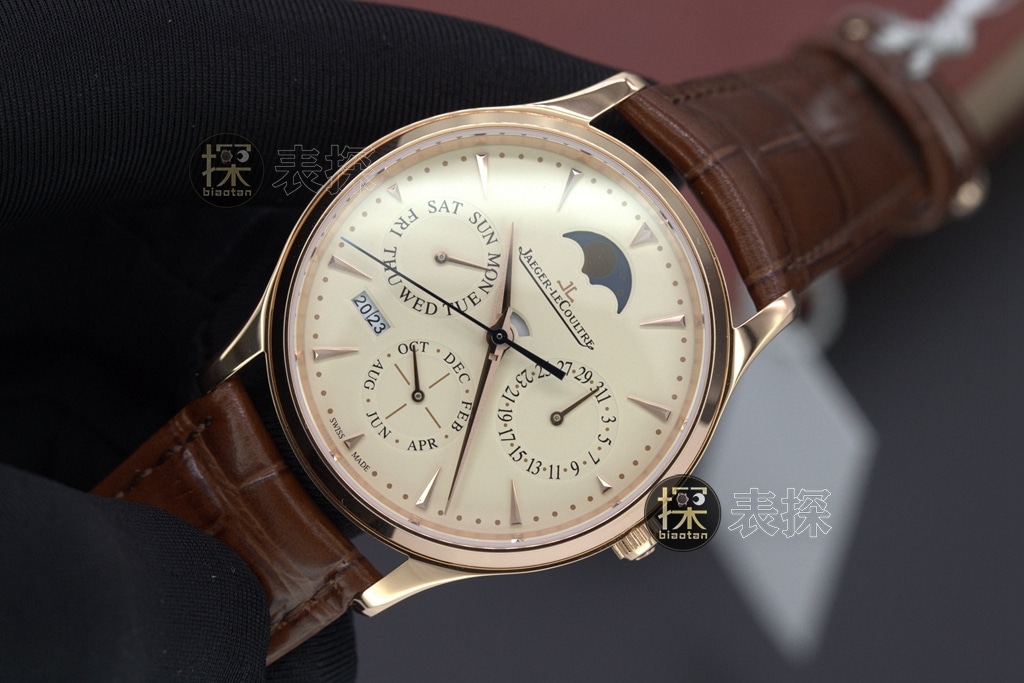 J Perpetual Calendar Jaeger-LeCoultre watch rose goldchronograph brown leather bracelet front view