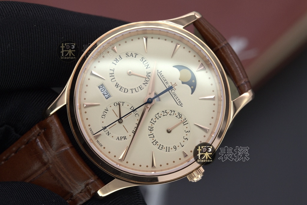 J Perpetual Calendar Jaeger-LeCoultre watch rose goldchronograph brown leather bracelet front view