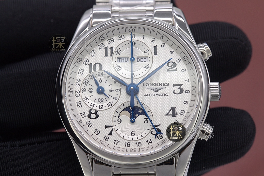 kl famous craftsman eight-pin Longines watch chronograph white dialsteel bracelet front view