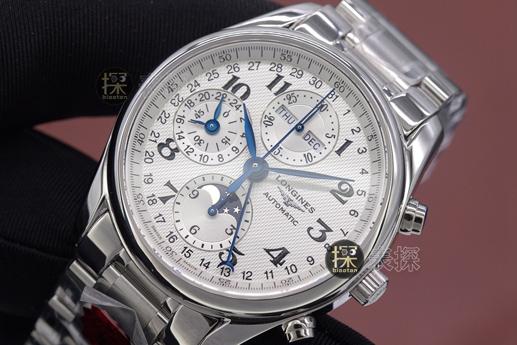 kl famous craftsman eight-pin Longines watch chronograph white dialsteel bracelet front view