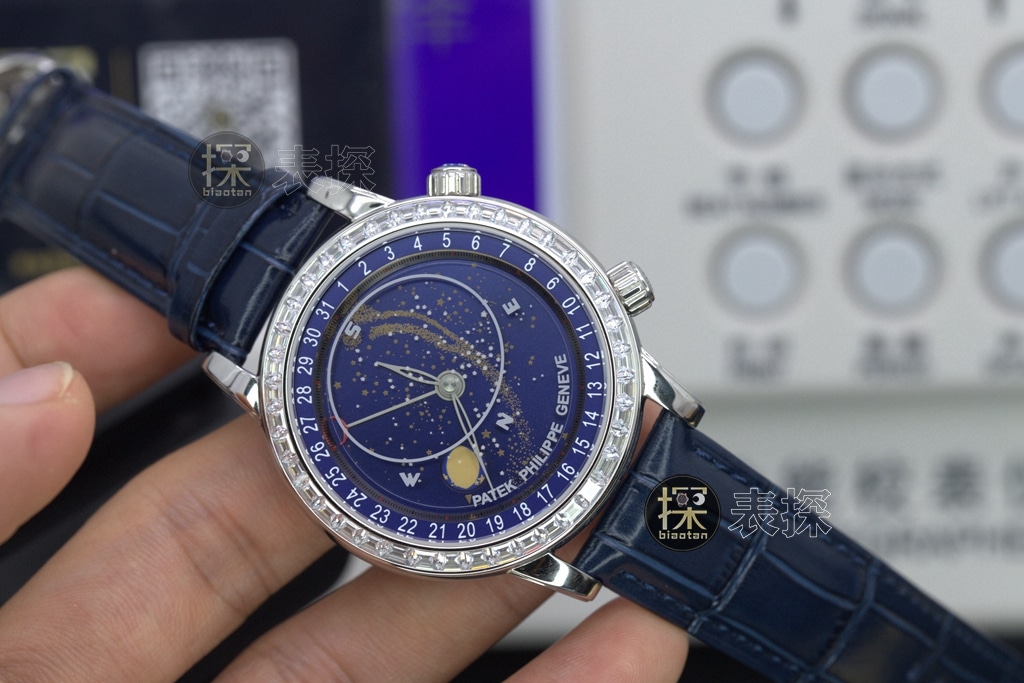 yl Gypsophila Patek Philippe1:1replica hand bezel diamond blue dial blue leather bracelet front view