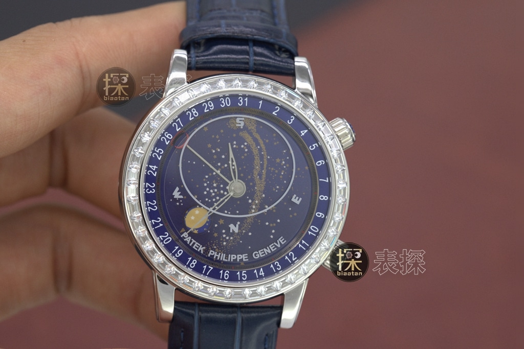 yl Gypsophila Patek Philippe1:1replica hand bezel diamond blue dial blue leather bracelet front view