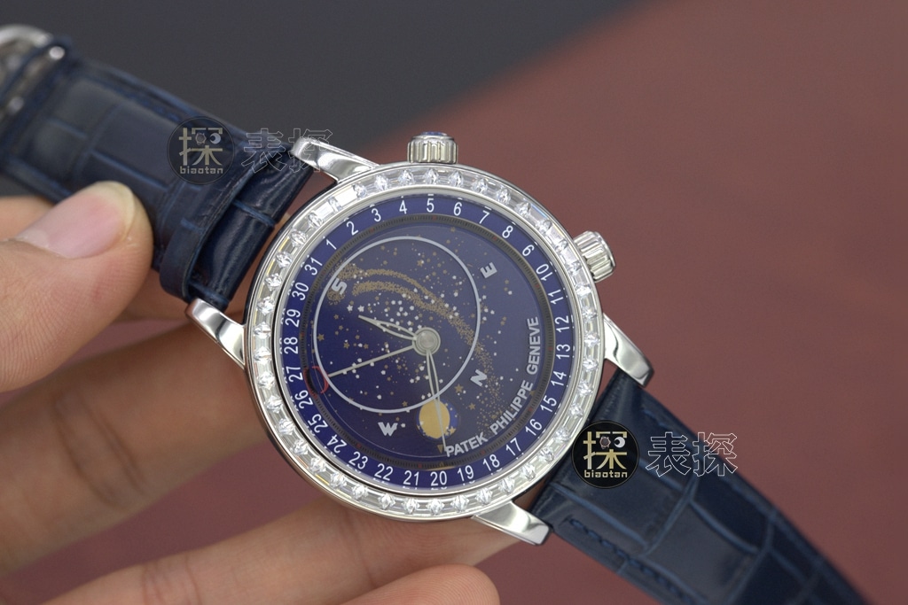yl Gypsophila Patek Philippe1:1replica hand bezel diamond blue dial blue leather bracelet front view
