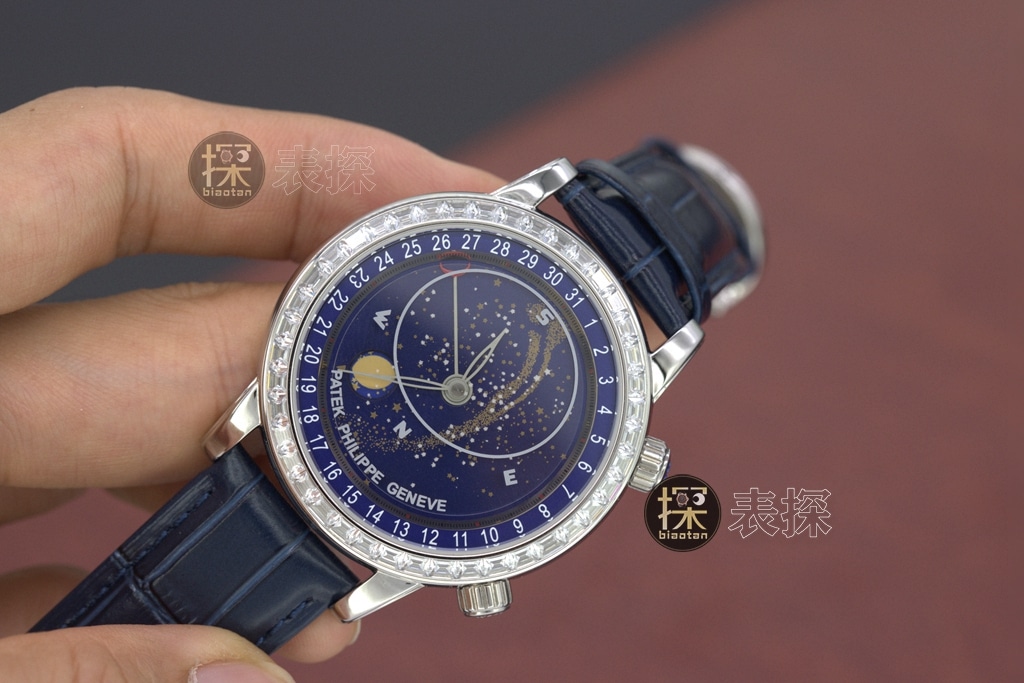 yl Gypsophila Patek Philippe1:1replica hand bezel diamond blue dial blue leather bracelet front view
