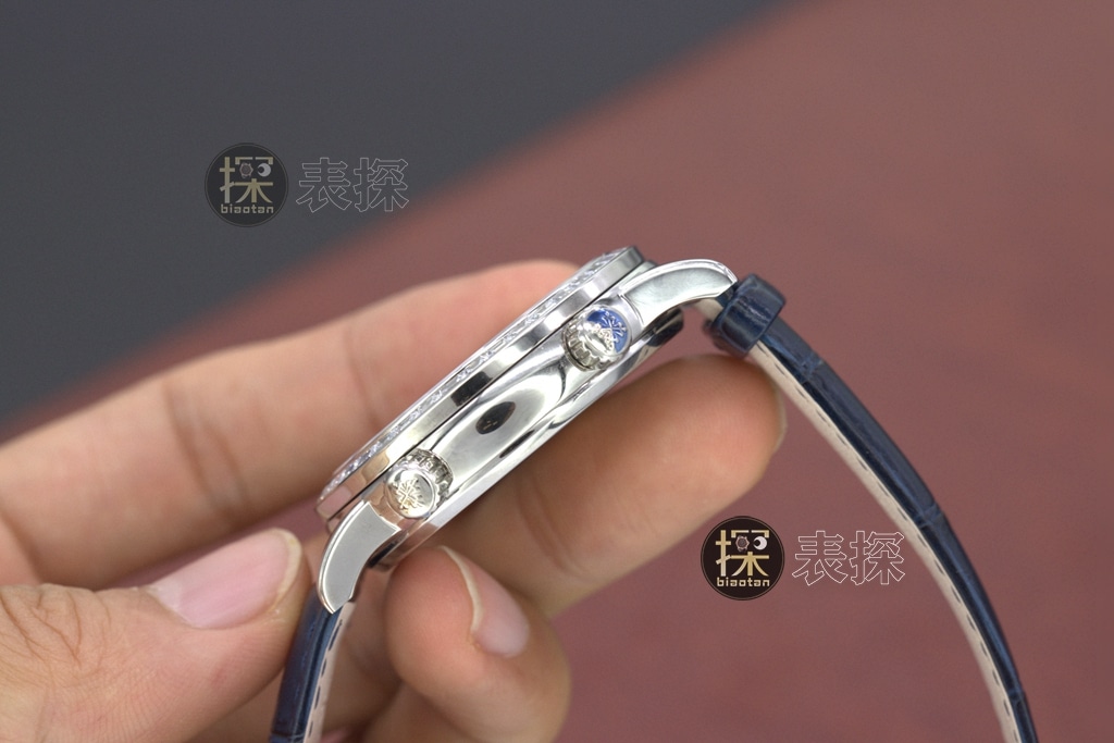 yl Gypsophila Patek Philippe1:1replica hand bezel diamond blue dial blue leather bracelet side view