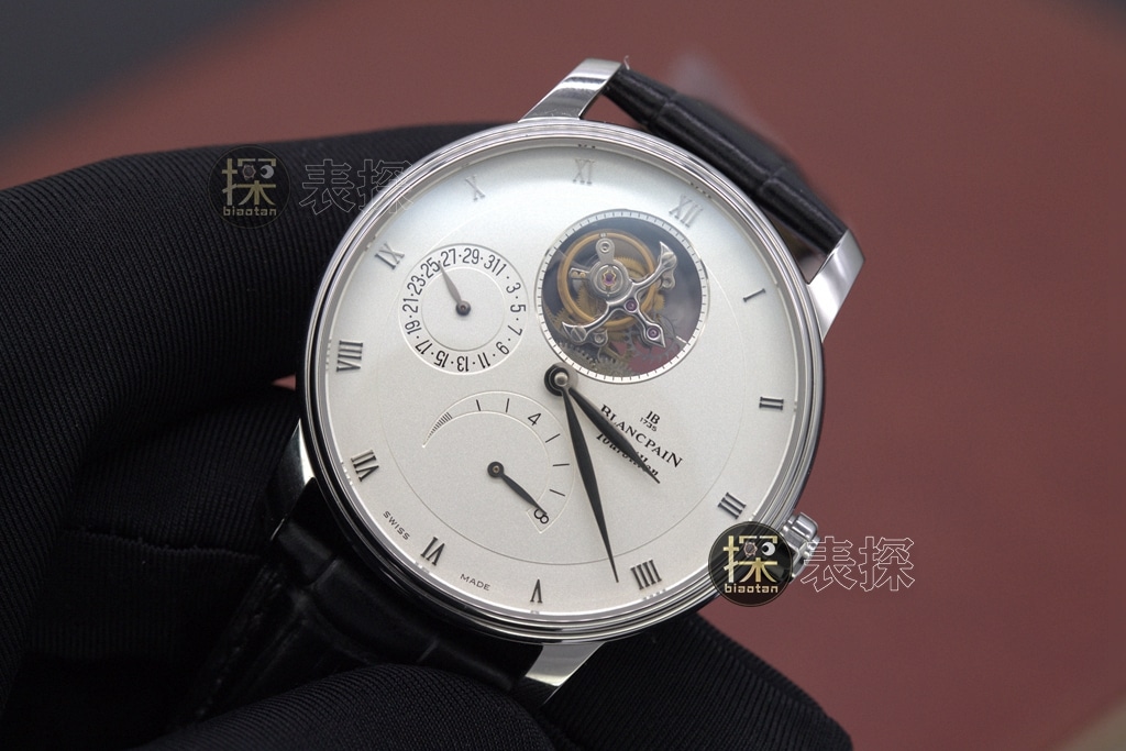 YS factory Blancpain1:1replica watch white dialchronograph tourbillon black leather bracelet front view