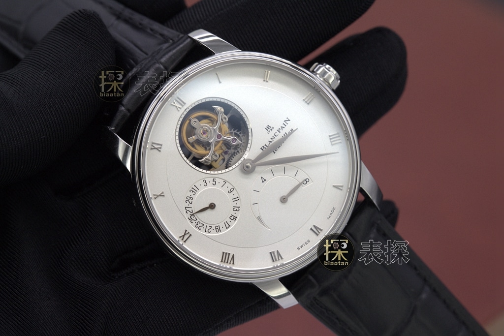 YS factory Blancpain1:1replica watch white dialchronograph tourbillon black leather bracelet front view