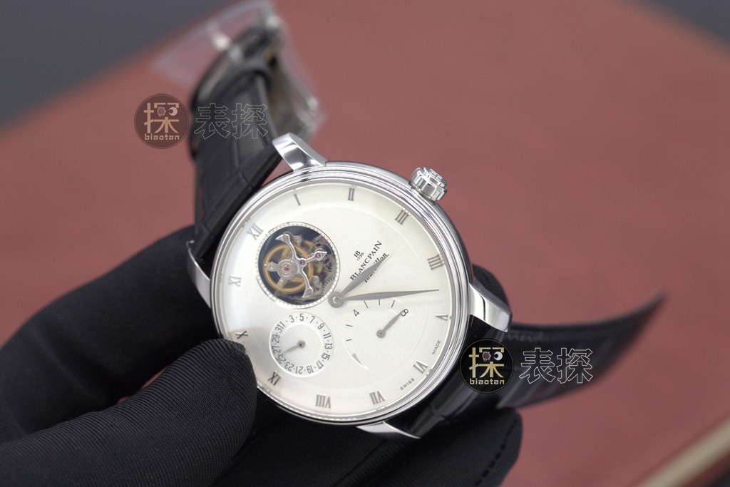 YS factory Blancpain1:1replica watch white dialchronograph tourbillon black leather bracelet side view