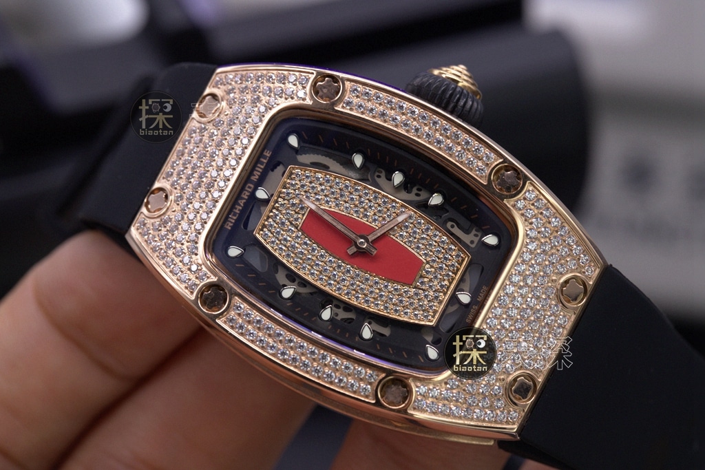 Richard MilleRM007-1 1:1replica watch full diamond black dial black rubber strap front view