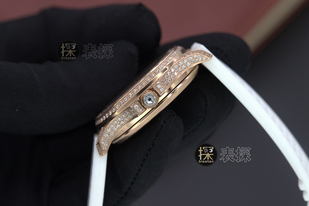 Grenade series Patek Philippe1:1replica watch women's 18Kwhite dial ring diamond lumerubber strap side view
