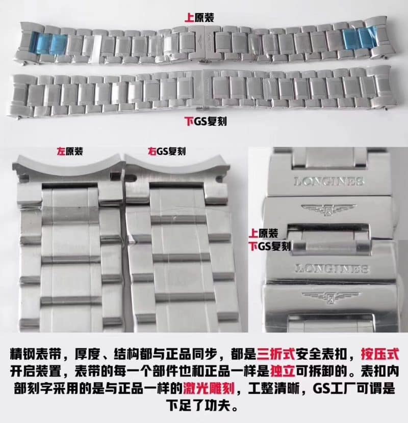 GS Longines famous craftsman eight-pin moon phaseL2.673.4.78.6replica watch genuine and fake comparison evaluation bracelet detail shots