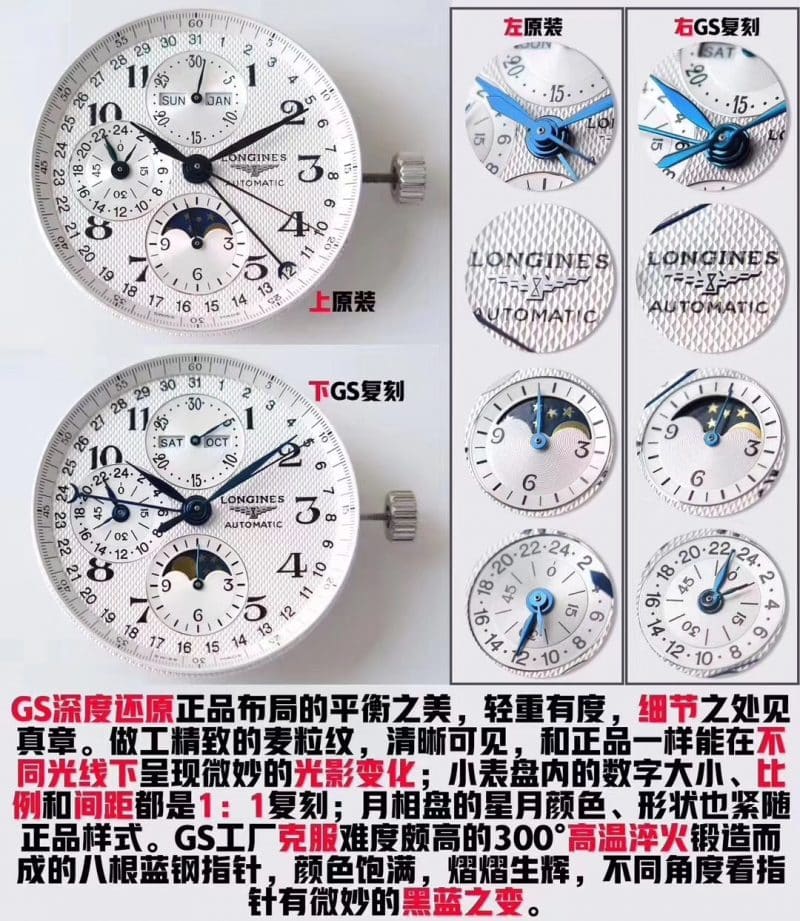 GS Longines famous eight-pin moon phaseL2.673.4.78.6replica watch genuine and fake comparison evaluation dialdetail shots