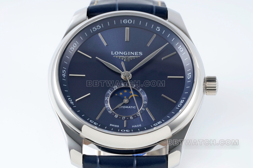 APS factory Longines watchmaking tradition super cloneblue dialmoon phaseleather strap model L2.909.4.92.0front live photo