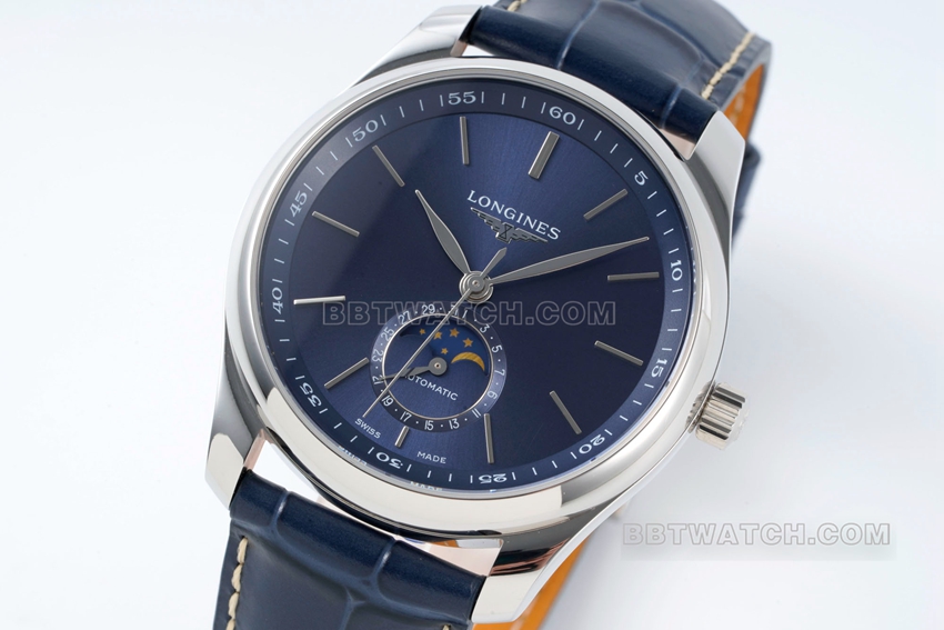 APS factory Longines watchmaking tradition super cloneblue dialmoon phaseleather strap model L2.909.4.92.0front live photo