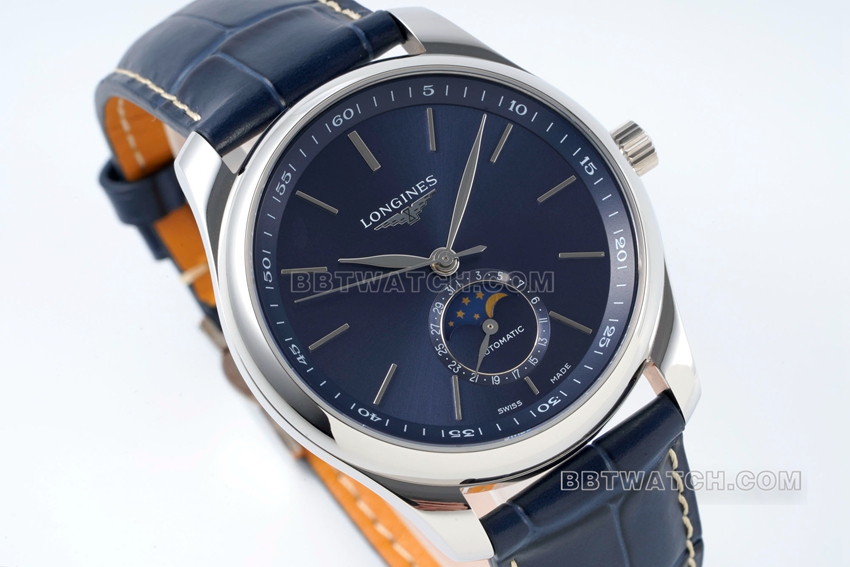 APS factory Longines watchmaking tradition super cloneblue dialmoon phaseleather strap model L2.909.4.92.0front live photo