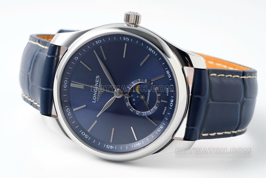 APS factory Longines watchmaking tradition super cloneblue dialmoon phaseleather strap model L2.909.4.92.0front live photo