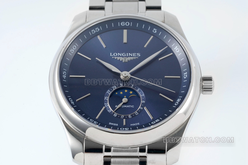 APS factory Longines watchmaking tradition 1:1top-tier replicablue dialmoon phasesteel bracelet model L2.909.4.92.6front live photo