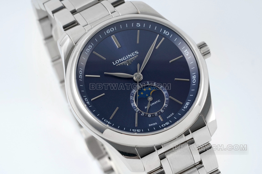 APS factory Longines watchmaking tradition 1:1top-tier replicablue dialmoon phasesteel bracelet model L2.909.4.92.6front live photo