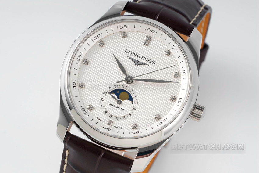 APS factory Longines watchmaking traditional top-tier 1:1high-quality replicasilver dialmoon phaseleather strap model L2.909.4.77.3front live photo