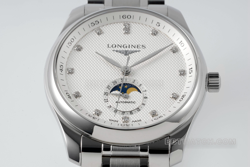 APS factory Longines watchmaking traditional top-tier 1:1super clonesilver dialmoon phasesteel bracelet model L2.909.4.77.6front live photo