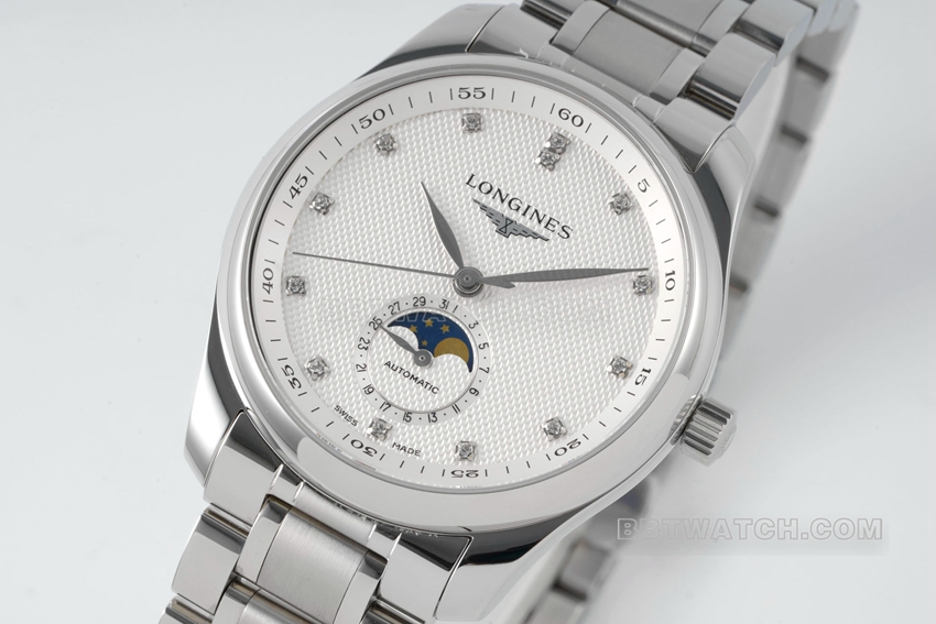 APS factory Longines watchmaking traditional top-tier 1:1super clonesilver dialmoon phasesteel bracelet model L2.909.4.77.6front live photo