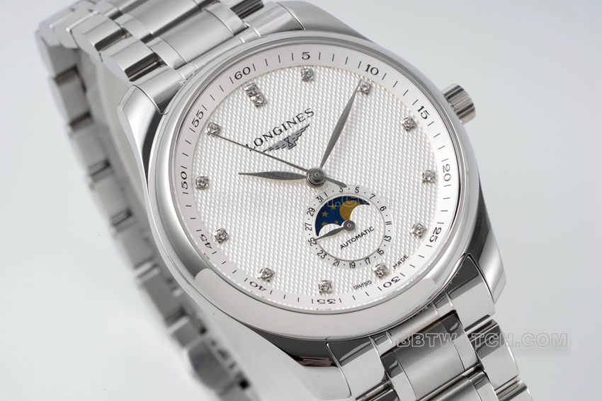 APS factory Longines watchmaking traditional top-tier 1:1super clonesilver dialmoon phasesteel bracelet model L2.909.4.77.6front live photo