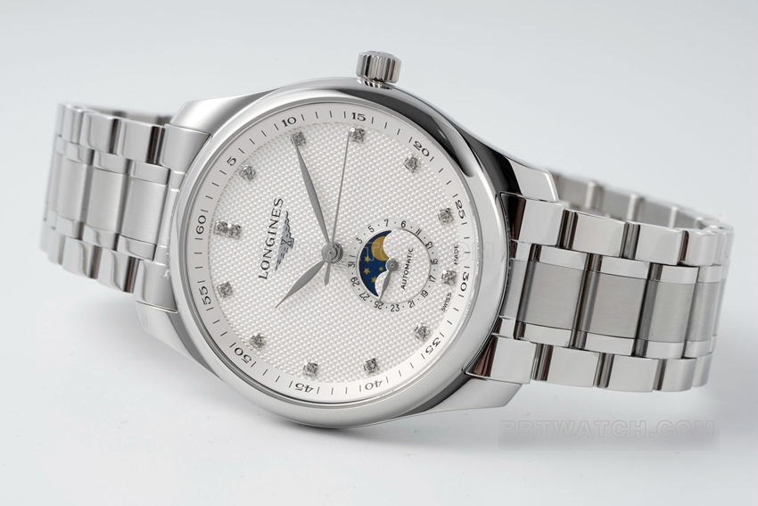 APS factory Longines watchmaking traditional top-tier 1:1super clonesilver dialmoon phasesteel bracelet model L2.909.4.77.6front live photo
