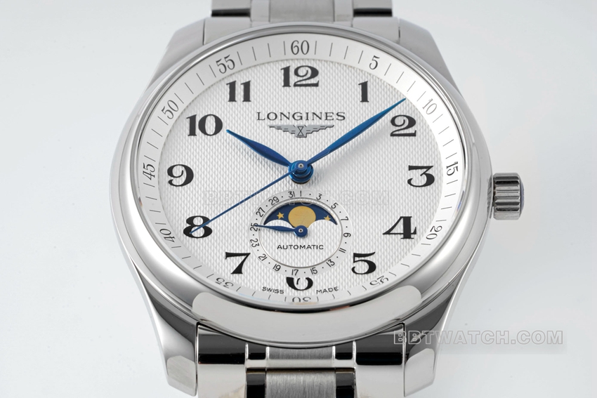 APS factory Longines watchmaking traditional top-tier replicasilver dialmoon phasesteel bracelet model L2.909.4.78.6front live photo