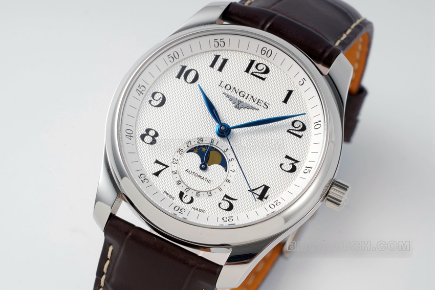 APS factory Longines watchmaking tradition super clonesilver dialmoon phaseleather strap model L2.909.4.78.3front live photo