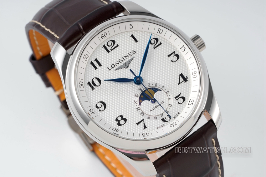 APS factory Longines watchmaking tradition super clonesilver dialmoon phaseleather strap model L2.909.4.78.3front live photo