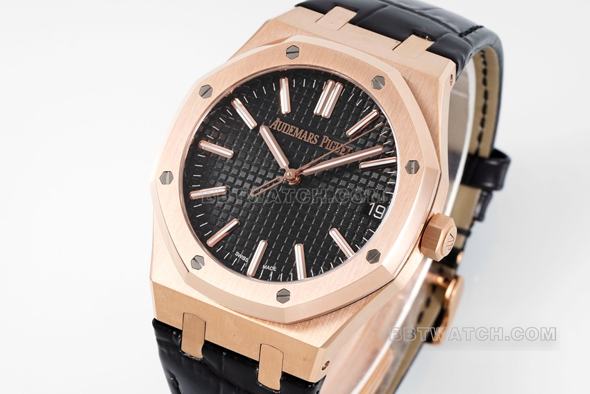 APS factory Audemars PiguetRoyal Oak1:1super cloneblack dialrose goldleather strap model 15510OR.OO.D002CR.02front live photo