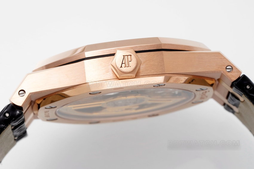 APS factory Audemars PiguetRoyal Oak1:1super cloneblack dialrose goldleather strap model 15510OR.OO.D002CR.02side live photo