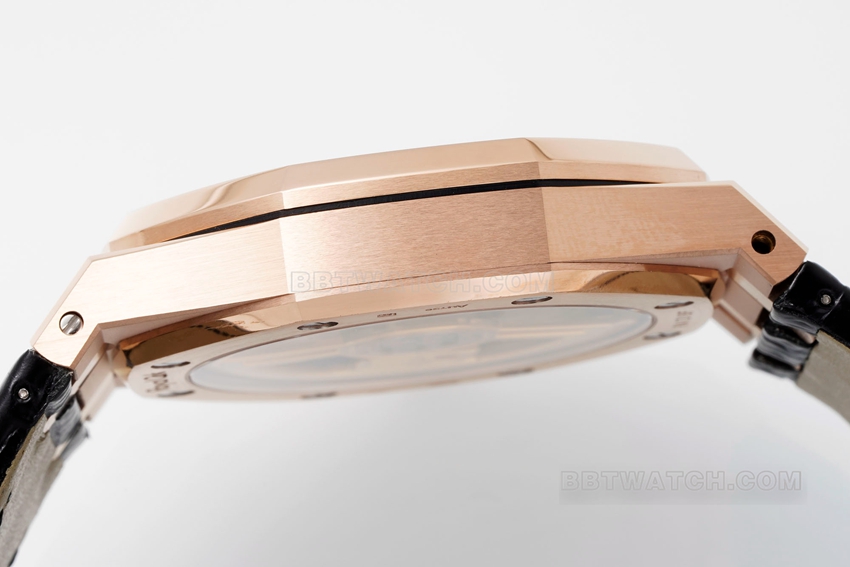 APS factory Audemars PiguetRoyal Oak1:1super cloneblack dialrose goldleather strap model 15510OR.OO.D002CR.02side live photo