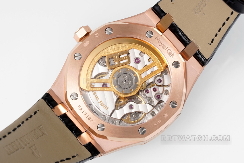 APS factory Audemars PiguetRoyal Oak1:1super cloneblack dialrose goldleather strap model 15510OR.OO.D002CR.02caseback live photo