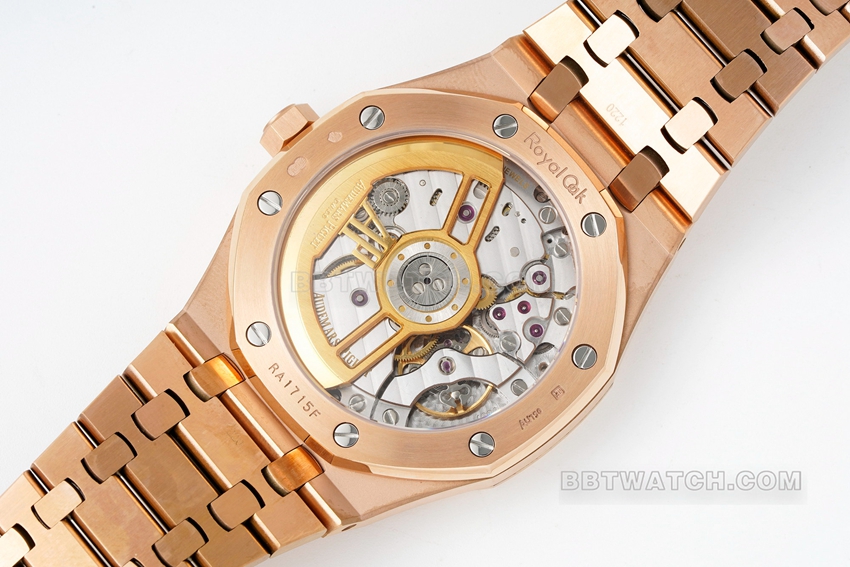 APS factory Audemars PiguetRoyal Oaksuper cloneblack dialrose goldsteel bracelet model 15510OR.OO.1320OR.04caseback live photo