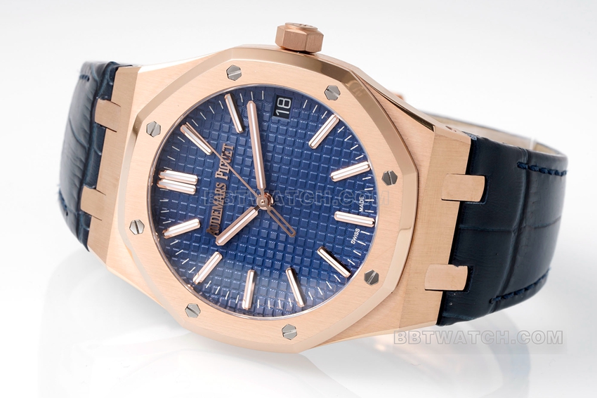 APS factory Audemars PiguetRoyal Oaktop-tier 1:1high-quality replicablue dialrose goldleather strap model 15510OR.OO.D315CR.02front live photo